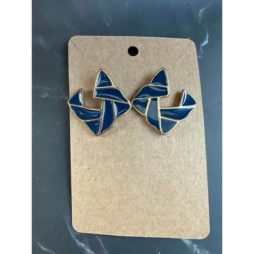 Vintage TRIFARI 14k Square Signed Gold Tone Blue Enameled Post Pierced Earrings